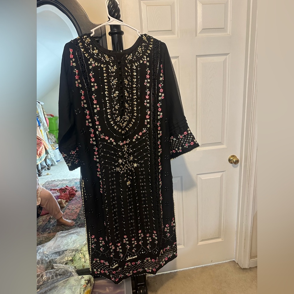 Black Floral Embroidered Pants